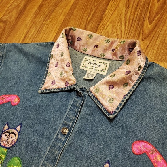 Tantrums Jackets & Blazers - Vintage Denim Jacket Women 2X Blue Cats Applique Embroidered Brocade